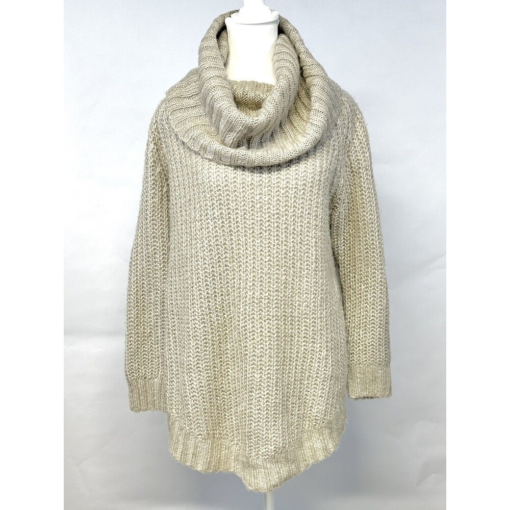 DREAMERS Chunky Knit Cowl Neck Oversized Fuzzy Tunic Sweater Beige Large Neutral